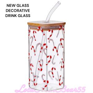New candy Cane 🦯 decorative drinking glass with glass straw and bamboo lid,